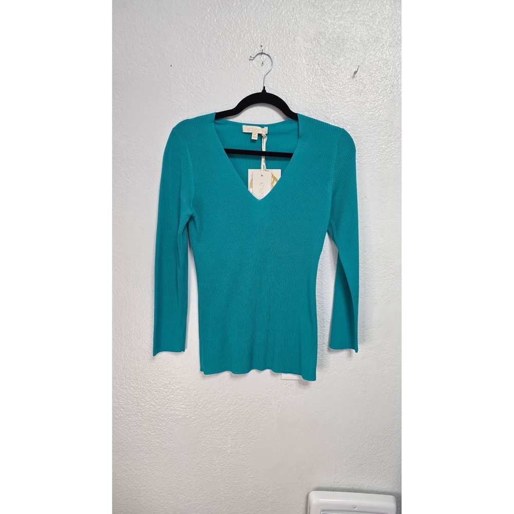 Etcetera Ribbed V-Neck Top Womens Medium Teal Blue NWT